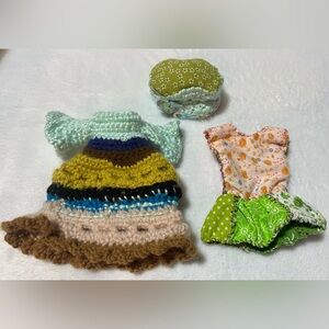 Handmade Doll Dress & Hat Lot 3pc Mini Crochet Fabric Outfit New